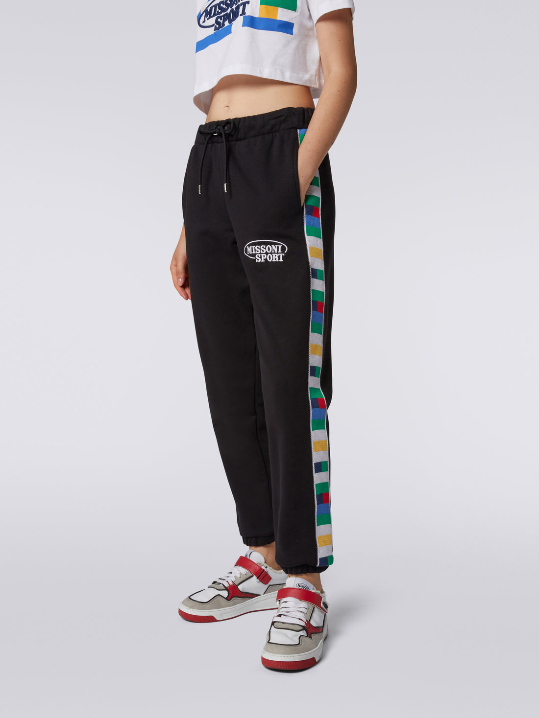 Cotton sports trousers with knitted bands, Black & Multicoloured  - 4