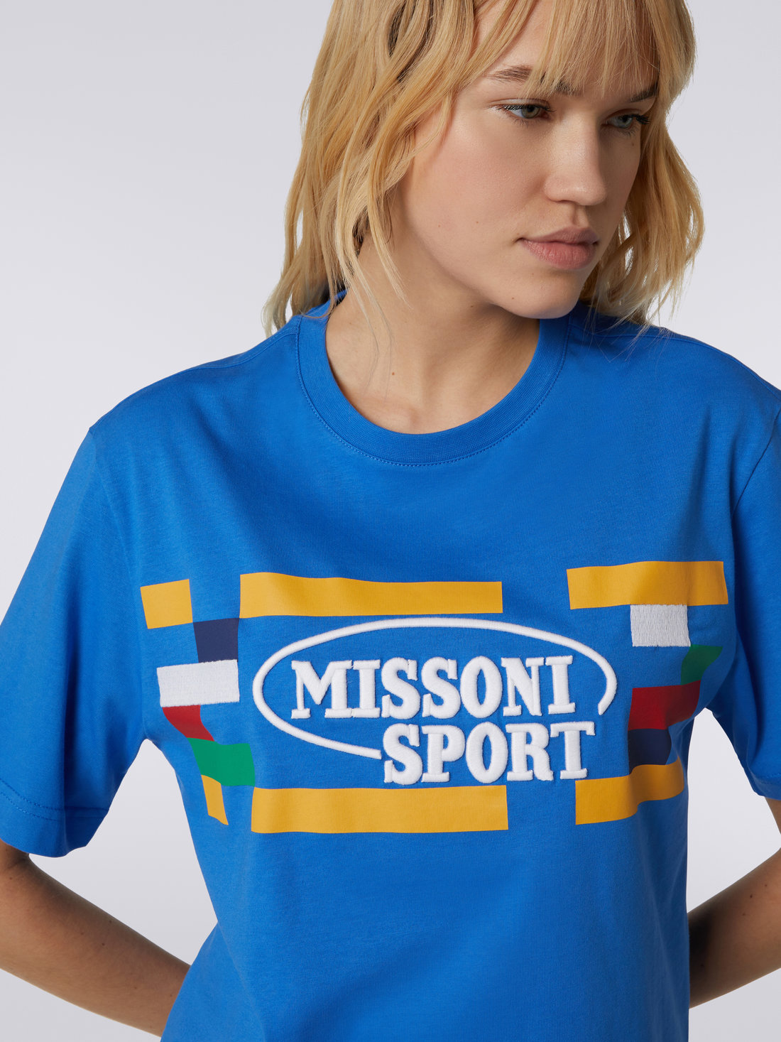 Crew-neck cotton T-shirt with logo and contrasting piping, Light Blue & Multicoloured Heritage - DC23SL00BJ00EBS729G - 4
