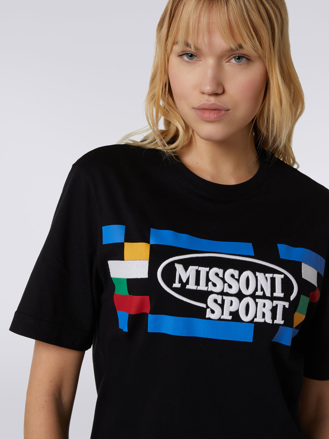 Crew-neck cotton T-shirt with logo and contrasting piping, Black & Multicoloured  - DC23SL00BJ00EBS91E4 - 4