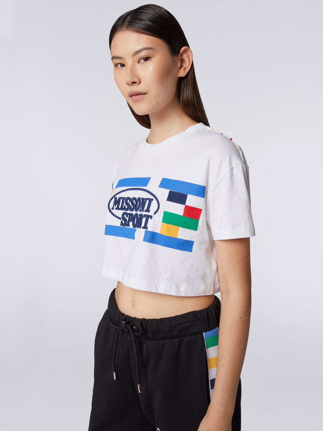 Cotton crop top with Legacy logo print and embroidery, White & Multicoloured Heritage - 4
