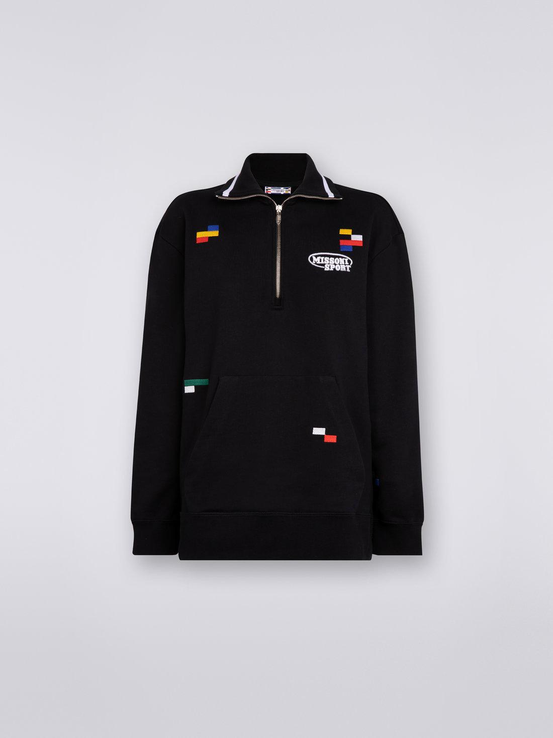 Cotton half-zip sweatshirt with multicoloured pixel details, Black & Multicoloured  - DC23SW02BJ00EES91E6 - 0