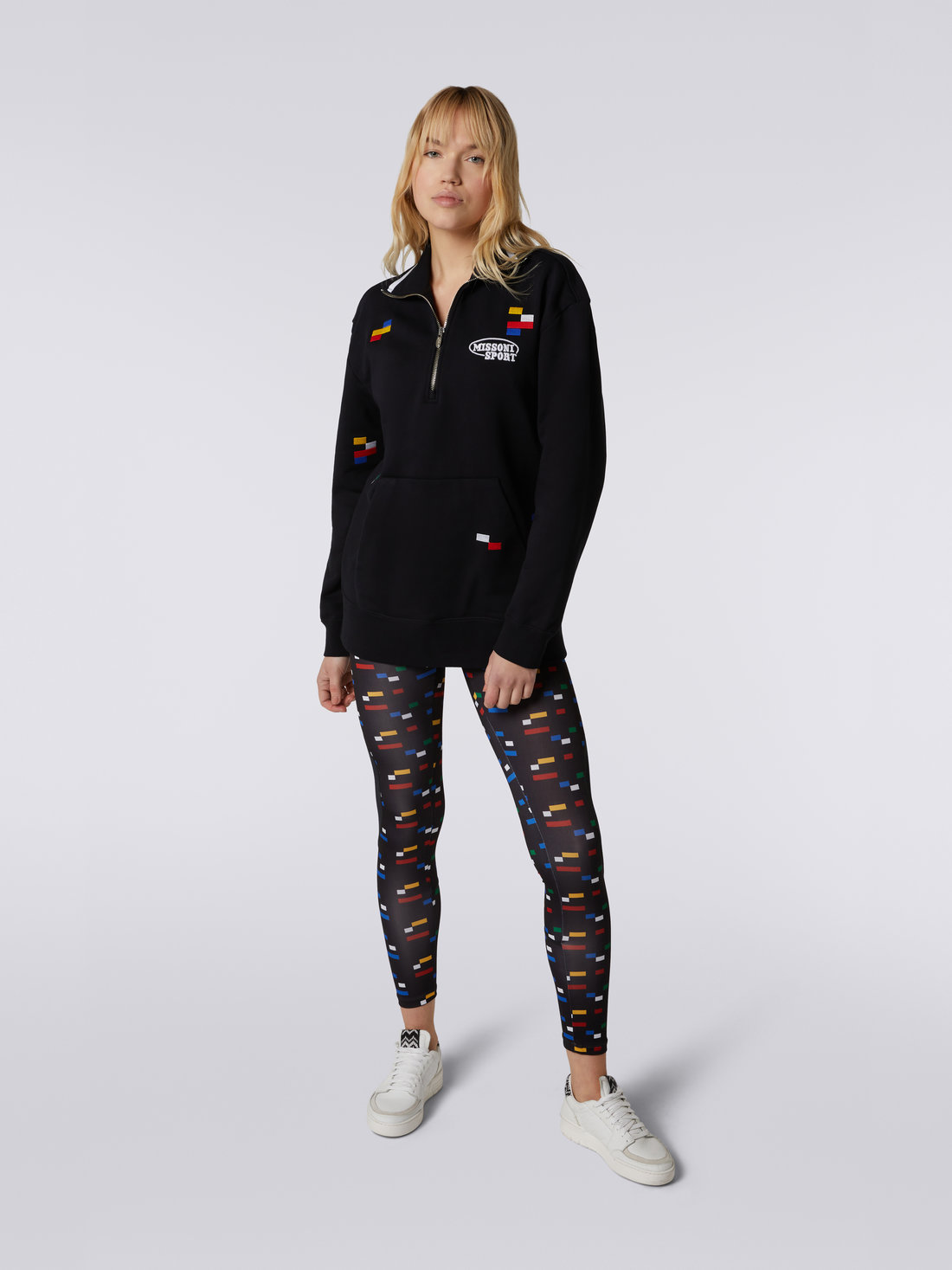 Cotton half-zip sweatshirt with multicoloured pixel details, Black & Multicoloured  - 1