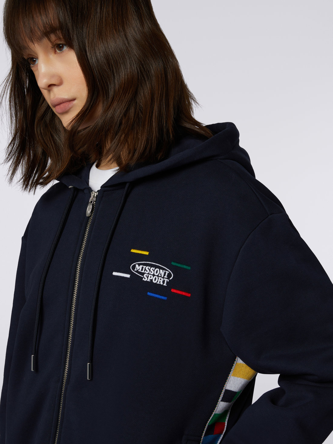 Full-zip hooded sweatshirt with knitted bands, Navy Blue  - DC23SW03BJ00EQS729H - 4