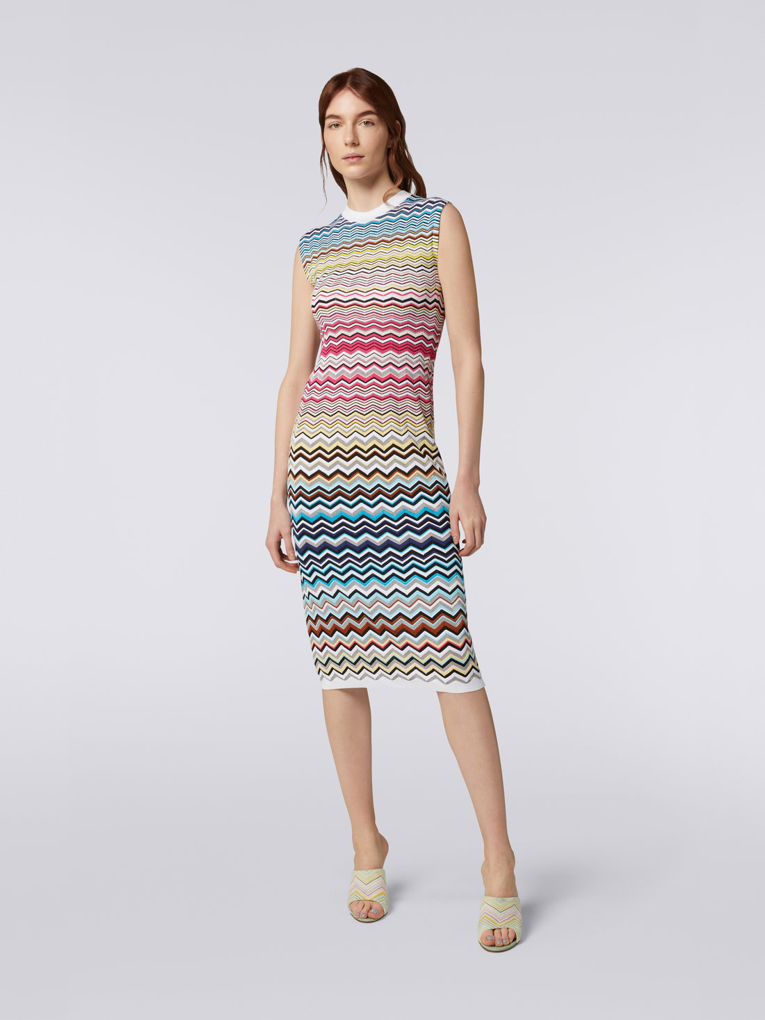 Sleeveless cotton and viscose chevron longuette dress, Multicoloured  - 1