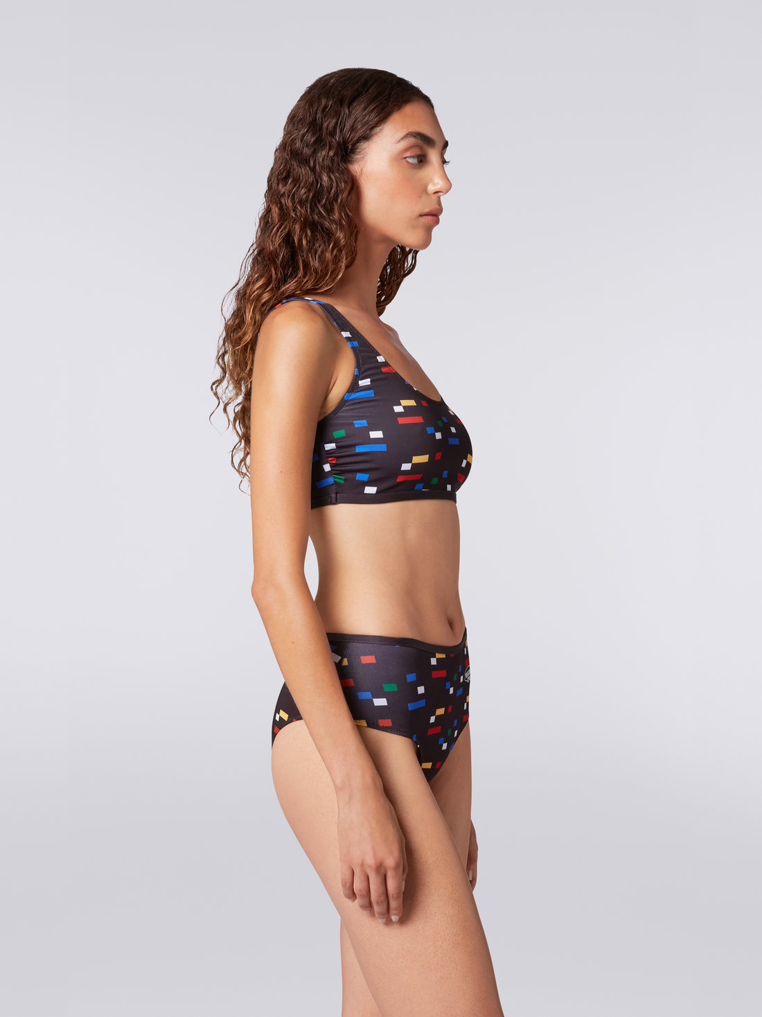 Sporty bikini in technical stretch fabric with pixel print, Black & Multicoloured - 2