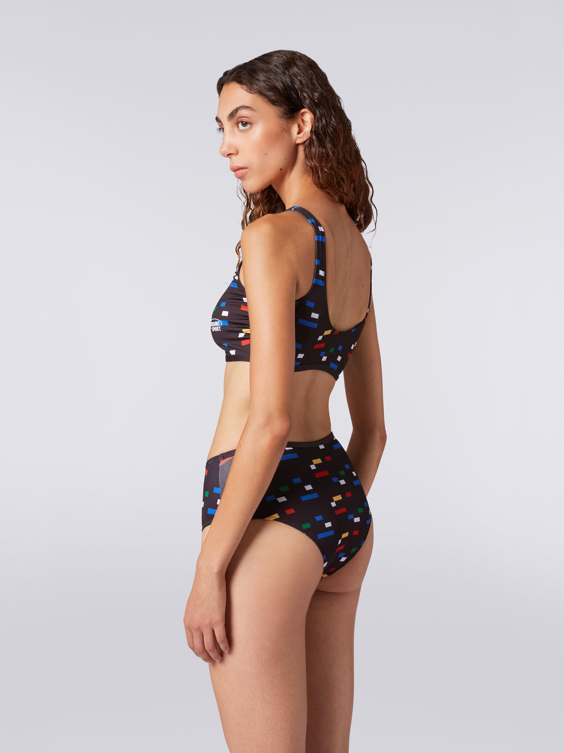 Sporty bikini in technical stretch fabric with pixel print, Black & Multicoloured - 3