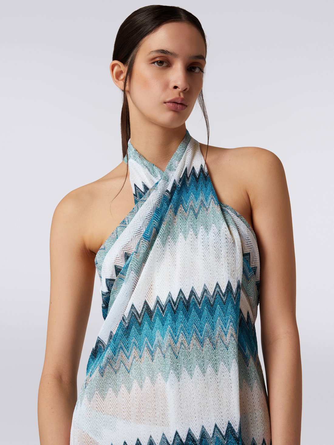 Sarong piece cover up dress with lamé zigzag, White, Blue & Sky Blue - MS23SQ0BBR00JJS728C - 4