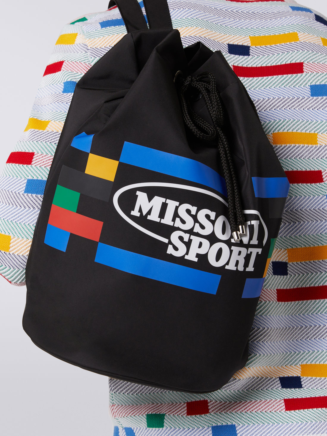 Nylon rucksack with multicoloured print and logo, Black    - 8051575744488 - 4