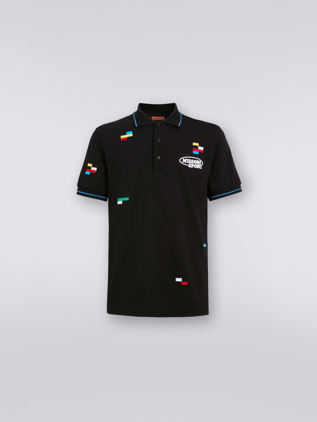Short-sleeved polo shirt in cotton piqué with embroidered pixels, Black & Multicoloured - UC23S202BJ00EFS91E6 - 0