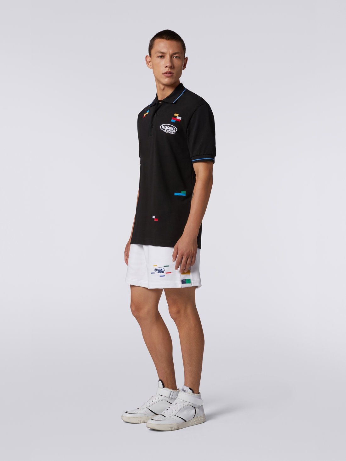 Short-sleeved polo shirt in cotton piqué with embroidered pixels, Black & Multicoloured - UC23S202BJ00EFS91E6 - 2