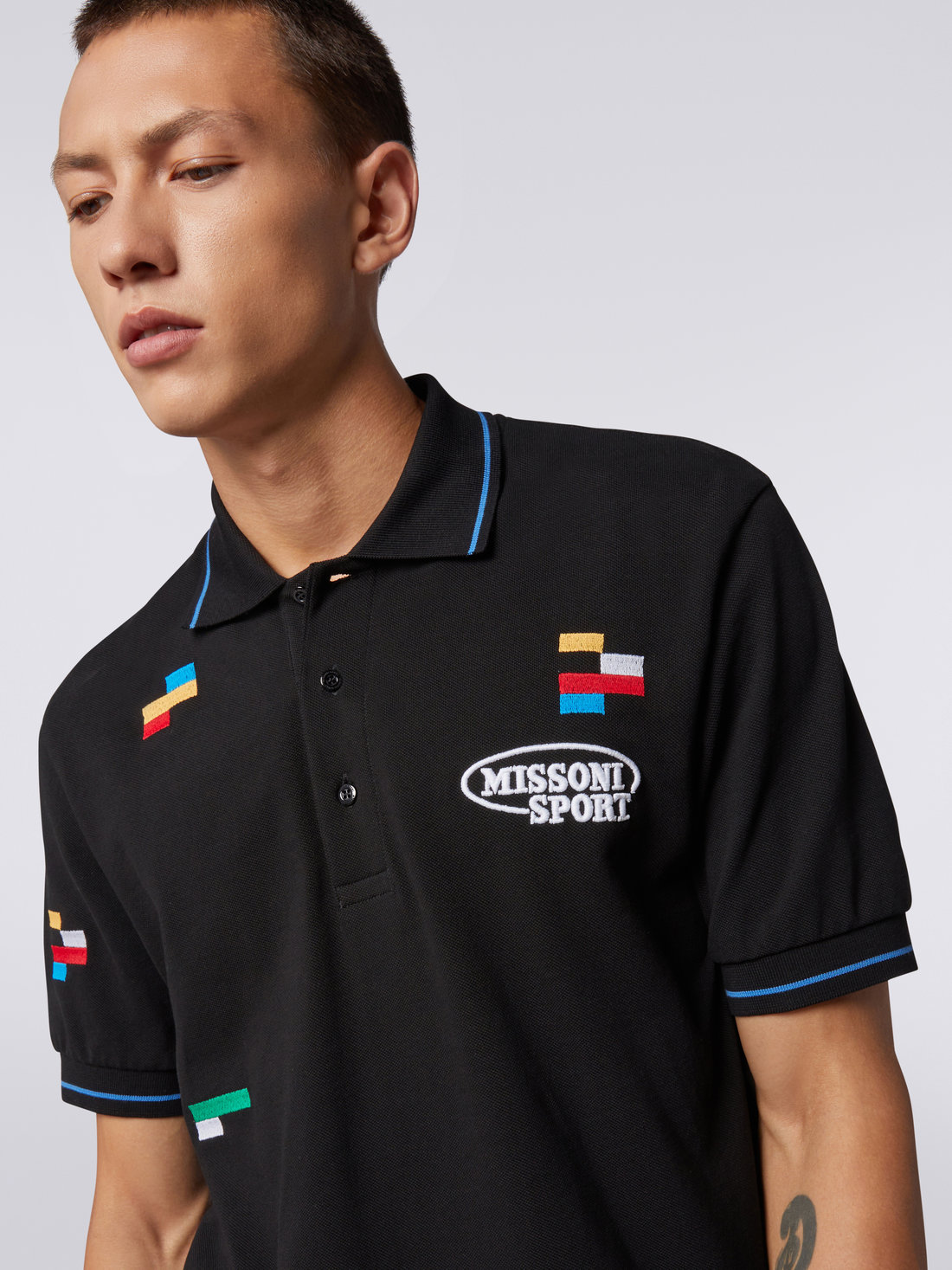 Short-sleeved polo shirt in cotton piqué with embroidered pixels, Black & Multicoloured - 4