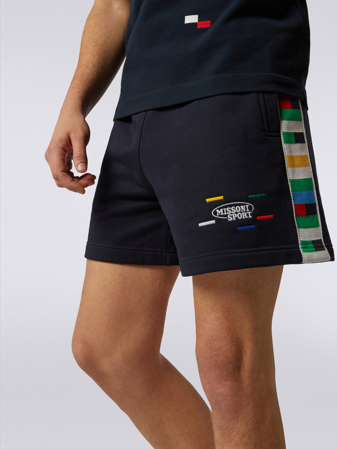 Cotton and viscose jersey shorts with knitted bands, Navy Blue  - 4