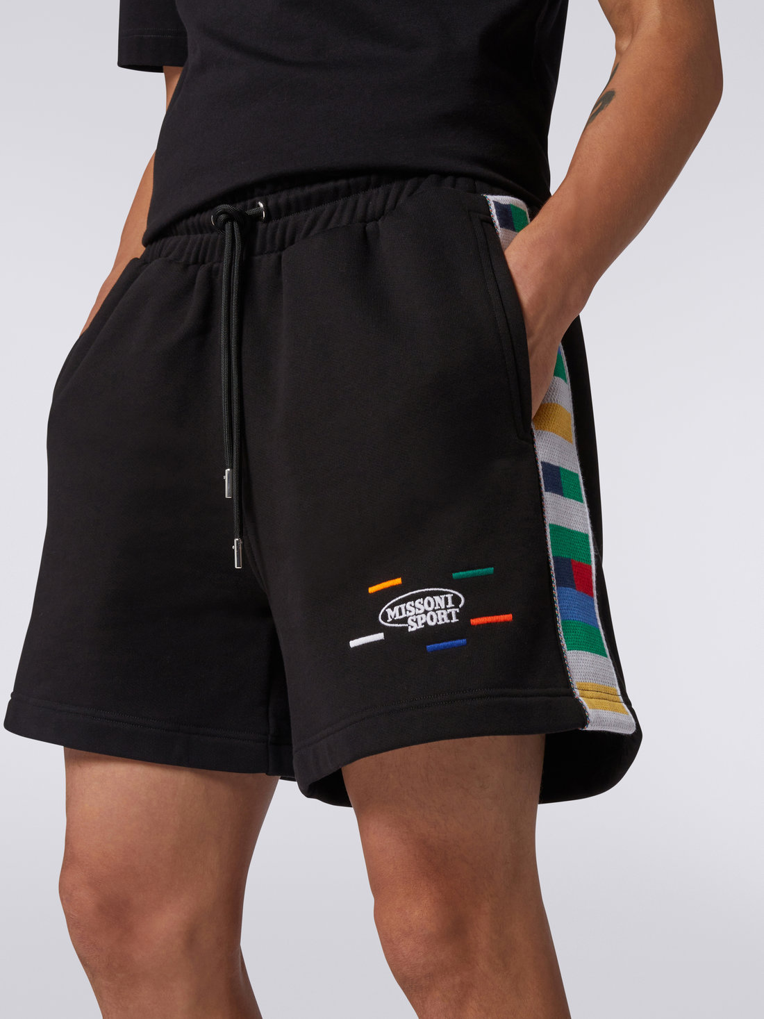 Cotton and viscose jersey shorts with knitted bands, Black & Multicoloured - UC23SI02BJ00EQS91E5 - 4