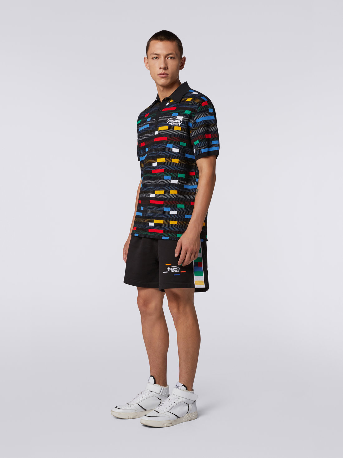 Cotton polo shirt with jacquard working and embroidered logo, Black    - US23S20JBK023DS91EC - 2