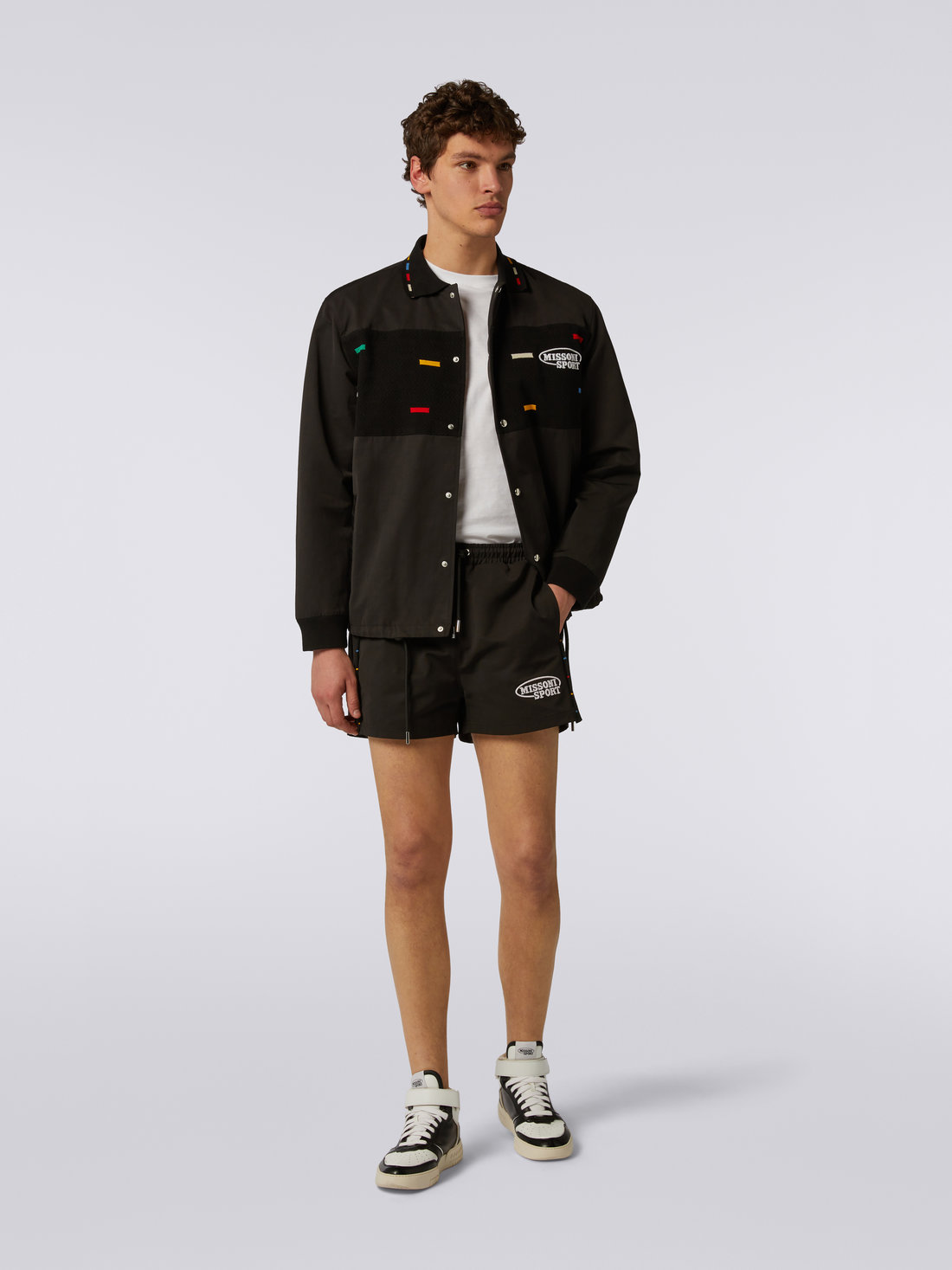 Cotton-blend shorts with embroidered logo and knitted details, Black & Multicoloured - US23SI0XBW00MKS91EH - 1