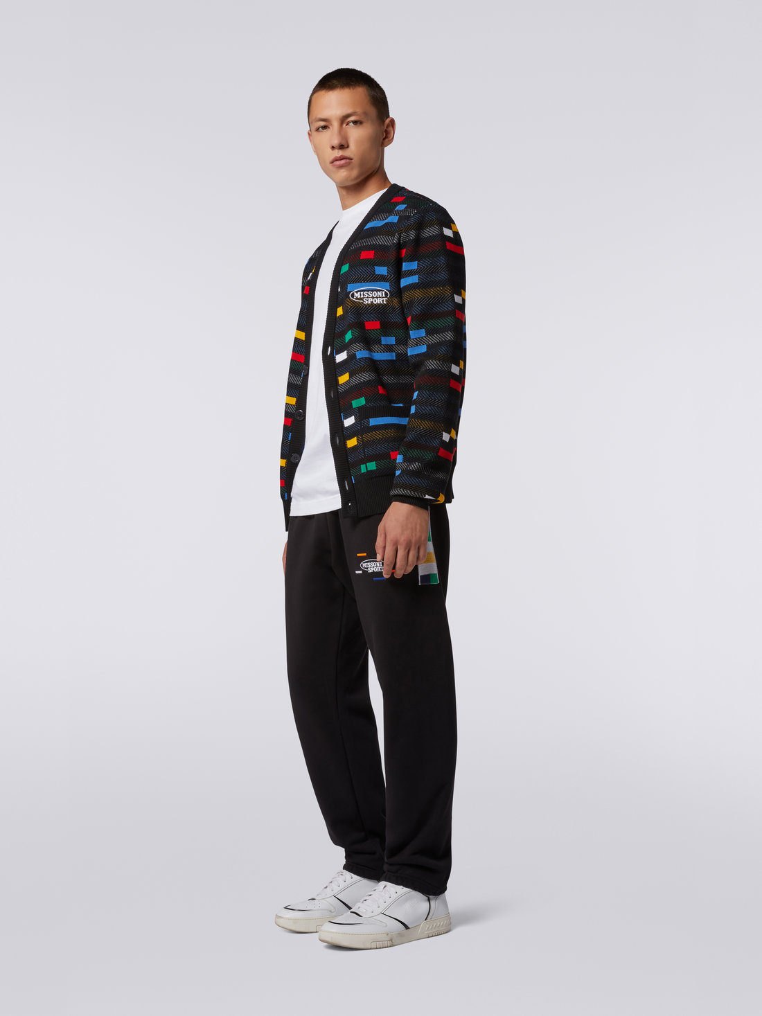 Jacquard viscose cardigan with multicoloured pixels, Black    - 2