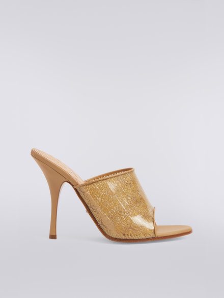 Mule sandals with heel in PVC-coated lamé fabric, Ochre & Yellow Lamé - AS23SY05BV00BYS109F