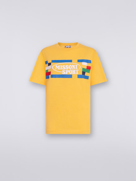 Camiseta de algodón con cuello redondo, logotipo y ribetes en contraste, Amarillo  - DC23SL00BJ00EBS109W