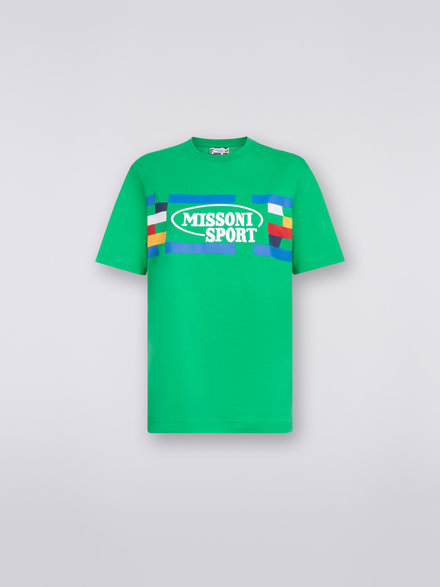 Crew-neck cotton T-shirt with logo and contrasting piping, Green & Multicoloured  - DC23SL00BJ00EBS6118