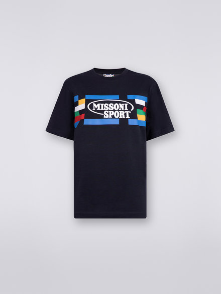 Camiseta de algodón con cuello redondo, logotipo y ribetes en contraste, Azul Marino  - DC23SL00BJ00EBS729F