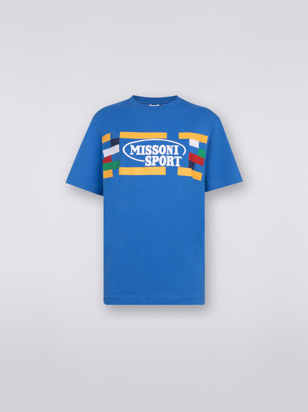 Camiseta de algodón con cuello redondo, logotipo y ribetes en contraste, Azul Claro & Multicolor Tradicional - DC23SL00BJ00EBS729G