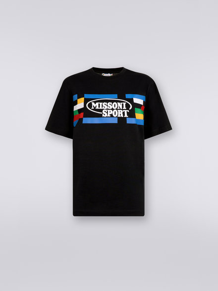 Camiseta de algodón con cuello redondo, logotipo y ribetes en contraste, Negro & Multicolor  - DC23SL00BJ00EBS91E4