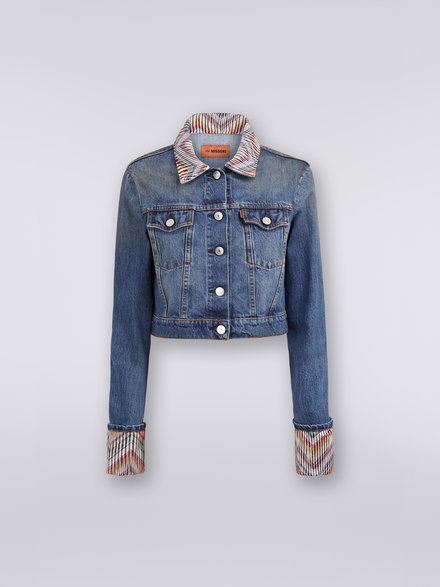Cotton denim jacket with zigzag inserts, Denim Blue - DS23SF03BW00MHS729B