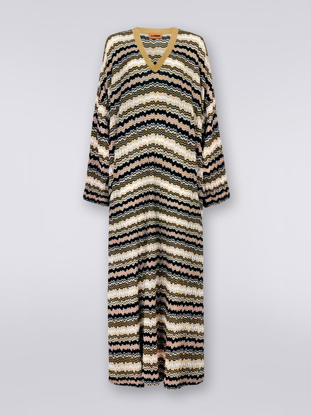 Long kaftan with jacquard and lamé techniques, White, Black & Gold - DS23SG2HBK022FS91E1