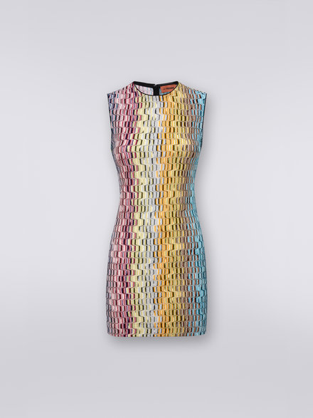 Sleeveless mini-dress with Greek fret motif and lamé, Multicoloured Lamé - DS23SG2VBR00K9SM8KU