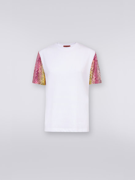 Cotton crew-neck T-shirt with knitted inserts, White  - DS23SL0DBJ00F8SM8NE