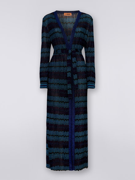 Long viscose blend knit cardigan with belt, Blue, Turquoise & Black - DS23SM0HBK022FS729E