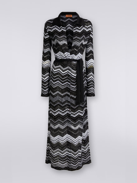 Long chevron cotton blend cardigan with sequins, Black & White - DS23SM2KBK026BS91FX