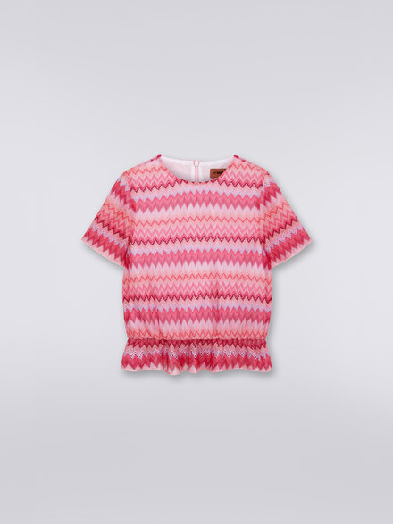 Viscose chevron T-shirt with ruffles, Pink   - KS23SL00BV00DES30BY