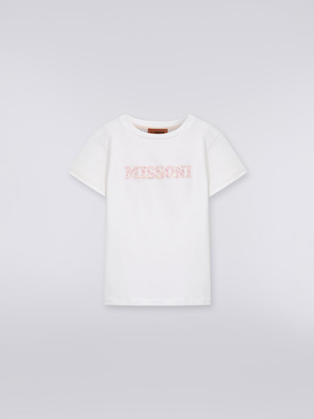 Cotton crew-neck T-shirt with sequin appliqué logo, Multicoloured  - KS23SL01BV00DES019E