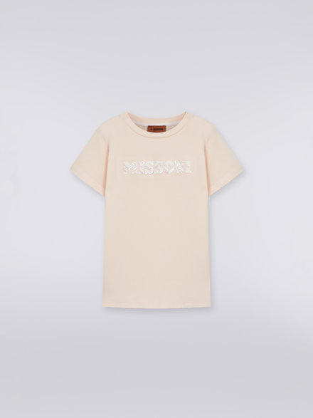 Cotton crew-neck T-shirt with sequin appliqué logo, Multicoloured  - KS23SL01BV00DES30C2