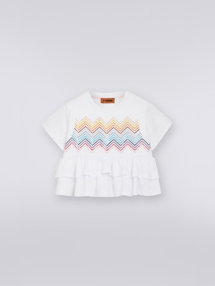 Cotton crop crew-neck T-shirt with ruffles and sequins, Multicoloured  - KS23SL04BV00DES019C
