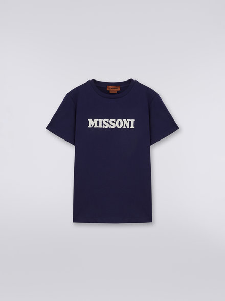 Crew-neck cotton T-shirt with contrasting logo, Blue - KS23SL0ABV00DFS72C4