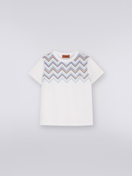 Cotton crew-neck T-shirt with multicoloured zigzag and logo, Multicoloured  - KS23SL0CBV00DFS019E