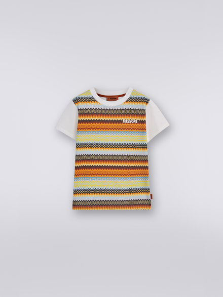 Cotton short-sleeved crew-neck T-shirt with zigzag pattern and plain back., Multicoloured  - KS23SL0GBV00DFS019C