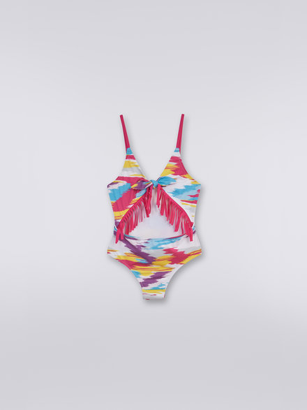 One-piece swimming costume with slub print and fringing, Multicoloured  - KS23SP03BV00DESM923