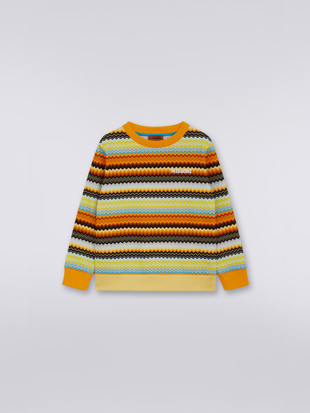 Crew-neck cotton sweatshirt with multicoloured zigzag and logo, Multicoloured  - KS23SW07BV00DFSM923