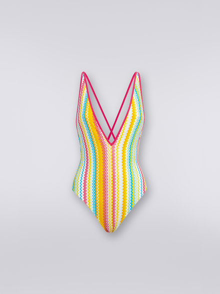 One-piece swimming costume with V neckline, Multicoloured - MC22SP03BJ00DGSM8NO