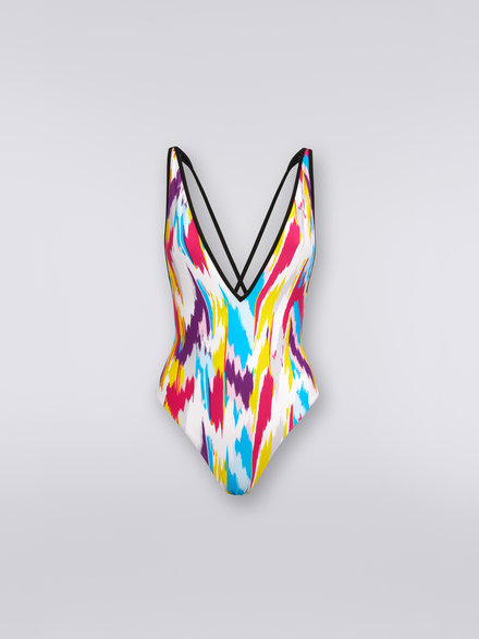 One-piece swimming costume with V neckline, Multicoloured  - MC22SP03BJ00DGSM8NR