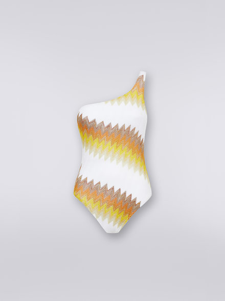One-piece one-shoulder chevron swimming costume with lamé, White, Yellow & Ochre - MC22SP04BR00JJS109L