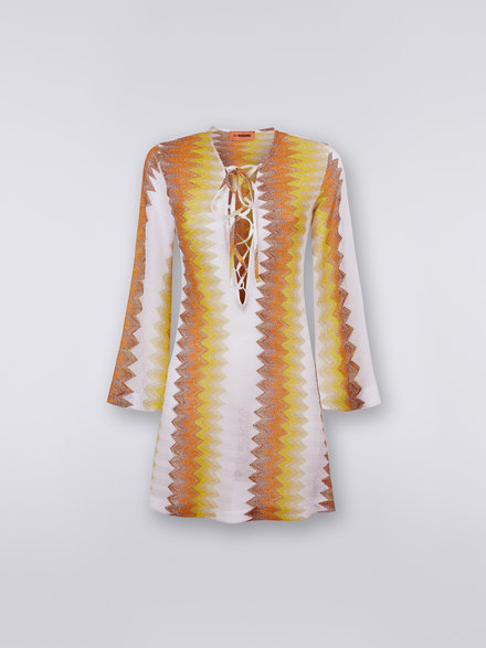 Long-sleeved kaftan in viscose blend with zigzag lamé, White, Yellow & Ochre - MC23SG02BR00JJS109L
