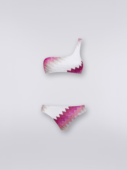 One-shoulder bikini with zigzag and lamé, White, Pink & Fuchsia - MC23SP02BR00JJS30AI