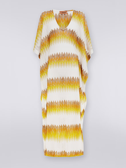 Long viscose kaftan cover up with zigzag and lamé, White, Yellow & Ochre - MC23SQ05BR00JJS109L