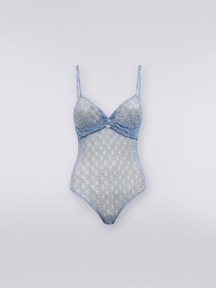 One-piece swimming costume with lace and lamé effect, Light Blue Lamé - MS23SP0ABR00JLL701J