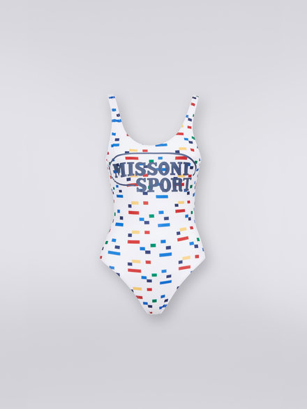 Sporty pixel print one-piece swimming costume, White & Multicoloured Heritage - MS23SP0HBJ00EUS017J