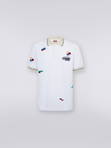 Short-sleeved polo shirt in cotton piqué with embroidered pixels, White & Multicoloured Heritage - UC23S202BJ00EFS017B